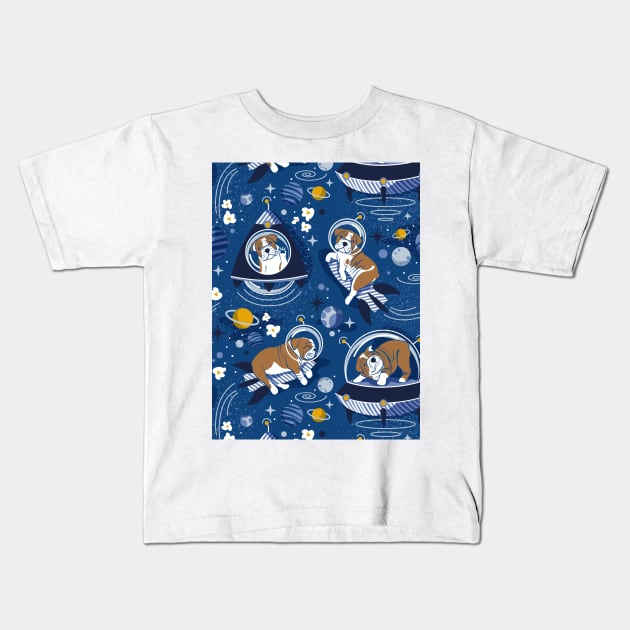 Intergalactic doggie dreams // pattern // classic blue background white and bronze English Bulldogs goldenrod yellow denim and pastel blue planets and space ships Kids T-Shirt by SelmaCardoso